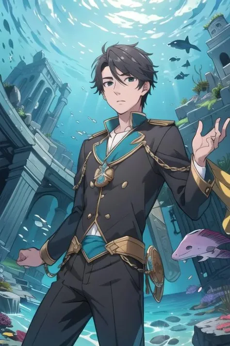 masterpiece, best quality, , 1boy, solo, male focus, looking at viewer, , , <lora:kousuke_ooshiba:0.68>, kousuke_ooshiba, black hair, black eyes, captain costume, Atlantis: A lost city of great wisdom and power, now drowned beneath the sea,