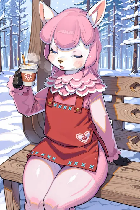 (masterpiece, best quality, highres, ultra detailed:1.2), (solo, 1girl, furry female, cowboy shot), reese_(ac), pink fur, apron, blush stickers, blue eyes, wool, hooves, open mouth, closed eyes, (dynamic pose, sitting, bench, angled view), (snow, winter, pine tree, holding coffee, visible breath, snowing, snowflake, detailed background:1.1)