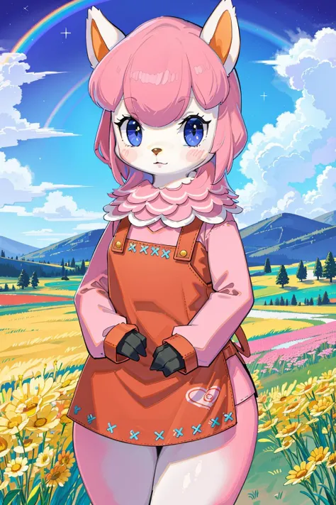 (masterpiece, best quality, highres, ultra detailed:1.2), (solo, 1girl, furry female, cowboy shot), reese_(ac), pink fur, apron, blush stickers, (rainbow, clouds, meadow, flower field:1.1)