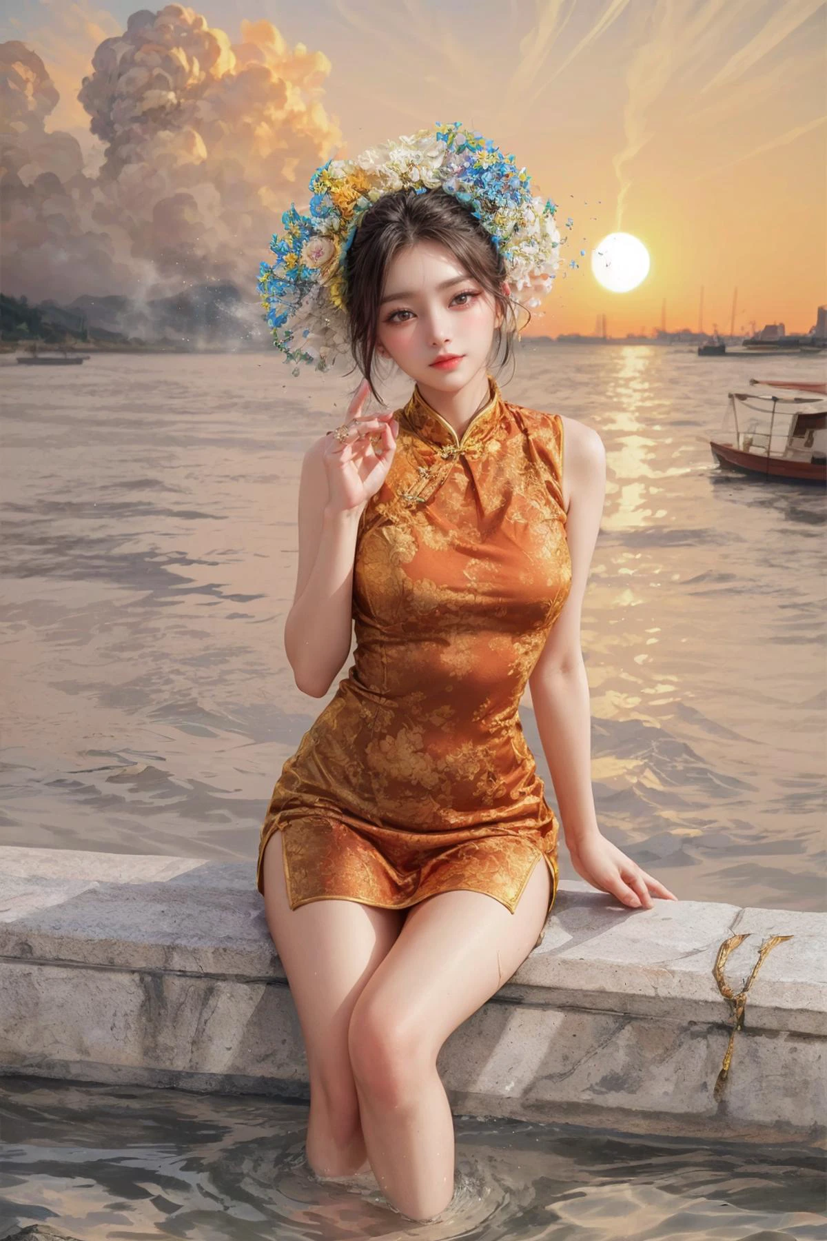 realistic, photorealistic, best quality, masterpiece, ultra high res, finely detailed, quality, realistic lighting, detailed skin, intricate details, raw photo, absurdres, highres, ultra detailed, BREAK, 1girl, solo, looking at viewer, , poster, portrait, detailed background, detailed face, (Girl sitting at the harbor, (feet in the water), partially underwater shot, feet submerged in water, fish in the water, ocean, morning, sunrise background, bright blue sky and sunlight, windy day, nice hands:1.4), (xunpu, chinese clothes, red dress, flower print, hair flower, sexy:1.5), large breasts, (skinny, slim_legs, model pose:1.3), (smile, blush, Pink lips, Glowing red Eyes, perfect face, detailed pupils, Makeup:1.1), reflection, (refraction:1.4), (Rembrandt lighting:1.3), (dark studio, rim lighting, two tone lighting, dimly lit, low key), (lens flare, light particle, lens glare:1.3), (watercolor style, soft blending, dreamy washes, delicate textures, brilliant colors, action painting, gestural marks, dynamic brushwork, expressive motion, spontaneous technique, abstract expressionism, energetic compositions, action pose, vibrant glow, dynamic colors, reflective surfaces, girly style, delicate accessories, Overdetailed art, Water color painting:1.1), (Clouds, Serenity:1.2), (explosive light and shadow:1.3), (hand of Guido Daniele:1.5), (sexy, slim, light particles, wallpaper, chromatic aberration:1.2), (beautiful view, misty atmosphere, solitary:1.4), (atmosphere, Cosy:1.2), (depth of field:1.4), (ornaments detailed, flying splashes, flying petals, bloom, bloom effect, water reflection:1.3), (long legs:1.3), (Glowing ambiance, enchanting radiance, luminous lighting, ethereal atmosphere, mesmerizing glow, evocative hues, captivating coloration, enchanting aura, melanchonic soft light:1.4), (outdoors, landscape, breeze, ethereal, scenery, nature, wind:1.2), (colorful refraction, iridescent colors, Iridescence:1.2), (Luminescent Particles:1.3), half body, (eye focus, face focus, character focus, close-up face:1.3), (dynamic pose, dynamic angle, dutch angle, cowboy shot:1.4), official art, beautiful and aesthetic, beautiful, (zentangle, mandala, tangle, entangle), (ecstasy of flower:1.2), the most beautiful form of chaos, elegant, a brutalist designed, vivid colours, romanticism, atmospheric, warm tone, soft light, (narrow waist:1.4), (fractal art), floating particles, particles, BREAK, loop lighting, equirectangular 360, Gel lighting, film grain, film, delicate, anime key visual, Ultrarealistic, Peaceful, Hopeful, rim light, Detailed illustration, Lens Flare, short lighting, layered textures, sketch, moody lighting, extremely detailed CG Unity 8k wallpaper, dramatic lighting, specular lighting, cinematic, dramatic, broad lighting, Circular polarizer, drawing, close up, key visual, PBR Texturing, Anisotropic Filtering, Albedo And Specular Maps, Multi-Layered Textures, Surface Shading, Sub-Pixel Convolution, Accurate Simulation Of Light-Material Interaction, blurry foreground, volumetric light effect, volumetric lighting, Tone Mapping, Lumen Reflections, Global illumination, Ray Tracing, Screen Space Global Illumination, Accent Lighting, volumetric, Rule of thirds, high dynamic range, Multi-exposure HDR capture, atmospheric perspective, aerial perspective, dynamic lighting, atmospheric depth, huge filesize, 8k uhd, analog, specular highlights, atmospheric lighting, sharp focus, perspective, ambient occlusion, subsurface scattering, photon mapping, octane render, unreal engine 5, radiosity, sharp, diffuse lighting, high resolution scan, professionally color graded, automatic white balance, BREAK, <lora:epiNoiseoffset_v3:1>, <lora:add_detail:0.5>, <lora:more_details:0.5>, <lora:GoodHands-beta2:1>, <lora:Xunpu_V6:0.8>