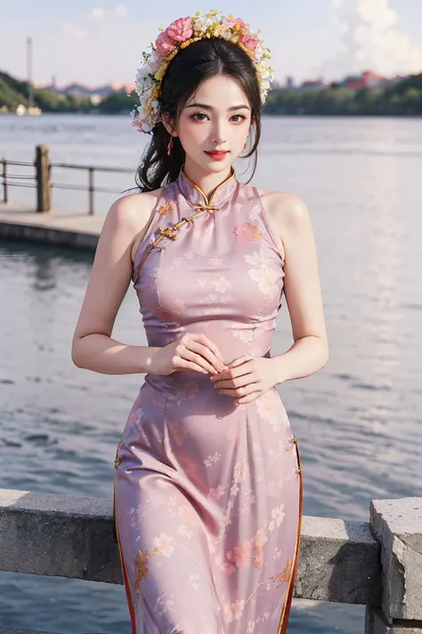 1 girl, smile, xunpu, chinese clothes, pink dress, flower print, hair flower, lake, floral , ((floral background))<lora:Xunpu_V6:0.7>
8k,,sexy,(realistic:1.1), (photorealistic:1.1), (masterpiece:1.1), (best quality:1.1), RAW photo, highres, ultra detailed, High detail RAW color phot
