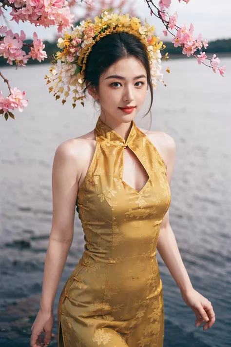 1 girl, smile, xunpu, chinese clothes, yellow dress, flower print, hair flower, lake, floral , ((floral background))<lora:Xunpu_V6:0.8>
8k,,sexy,(realistic:1.1), (photorealistic:1.1), (masterpiece:1.1), (best quality:1.1), RAW photo, highres, ultra detailed, High detail RAW color phot