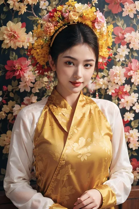 1 girl, smile, xunpu, chinese clothes, yellow dress, flower print, hair flower|blue, lake, floral , ((floral background))<lora:Xunpu_V6:0.7>
8k,,sexy,(realistic:1.1), (photorealistic:1.1), (masterpiece:1.1), (best quality:1.1), RAW photo, highres, ultra detailed, High detail RAW color phot