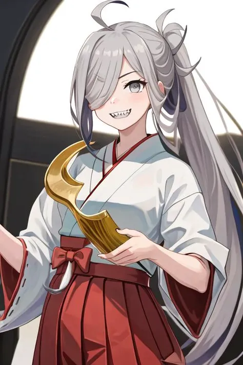 best quality, masterpiece, highres, solo, {white kimono:1.35}, {red hakama:1.35}, {wide sleeves:1.20}, {asashimo_kantaicollection:1.15}, hair_over_one_eye, long_hair, grey_hair, ahoge, ponytail, grey_eyes, smile, bow, teeth, bowtie, sharp_teeth