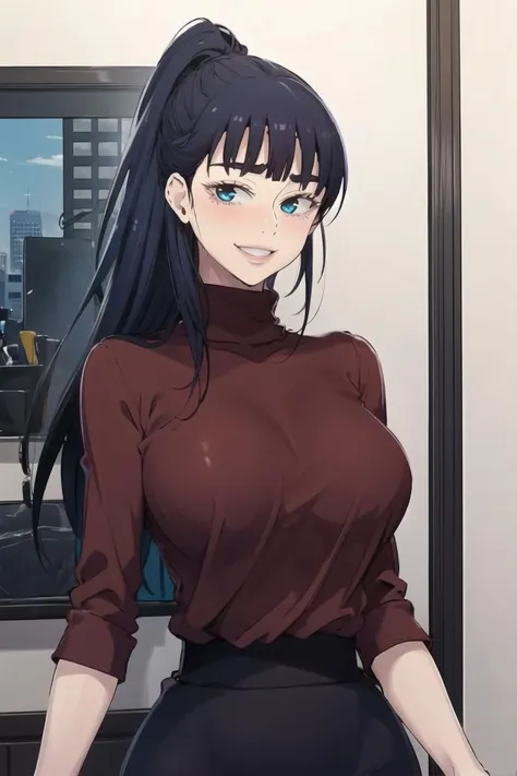 <lora:JooRi_SC:1> JooRidef, black hair, long hair, blue eyes, large breasts,
1girl, solo, looking at viewer, smile, red turtleneck shirt, black skirt, standing, upper body, ponytail,
masterpiece, best quality,