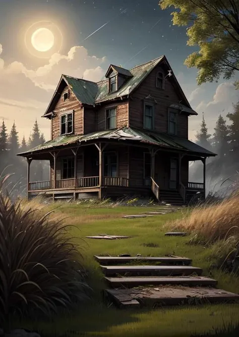 abandoned house, broken planks, moss, broken steps, unkempt yard, tall grass, weeds, terror,night,horror (theme),