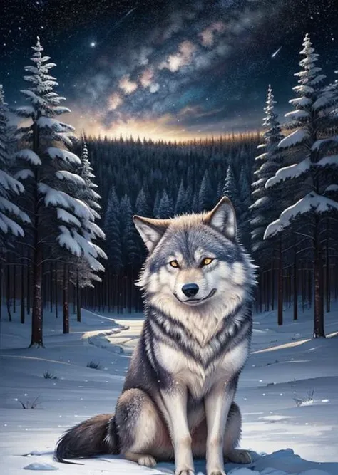 frozen forest, (cute),animal focus,night, starry sky, wolf,