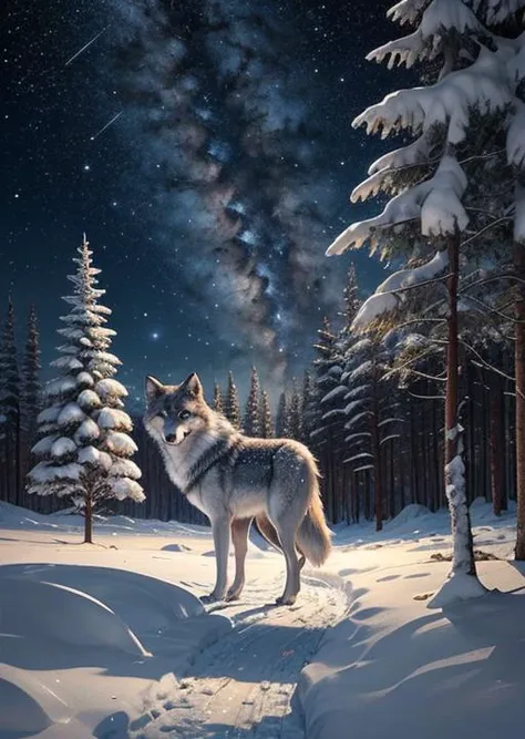 frozen forest, (cute),animal focus,night, starry sky, wolf,