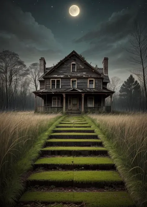 abandoned house, broken planks, moss, broken steps, unkempt yard, tall grass, weeds, terror,night,horror (theme),