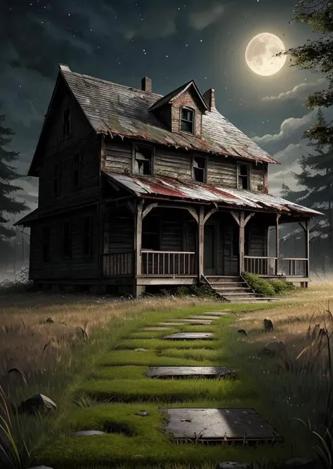 abandoned house, broken planks, moss, broken steps, unkempt yard, tall grass, weeds, terror,night,horror (theme),