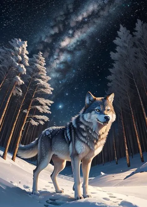 frozen forest, (cute),animal focus,night, starry sky, wolf,