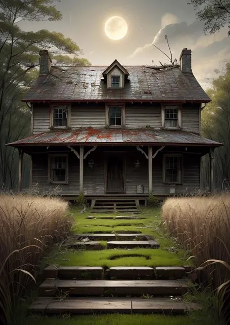 abandoned house, broken planks, moss, broken steps, unkempt yard, tall grass, weeds, terror,night,horror (theme),
