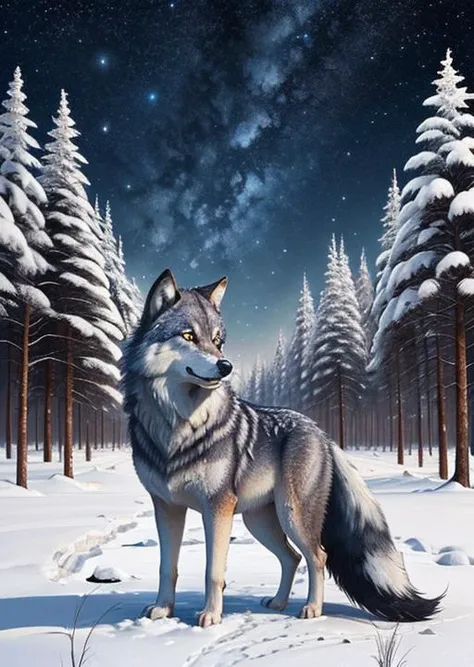 frozen forest, (cute),animal focus,night, starry sky, wolf,