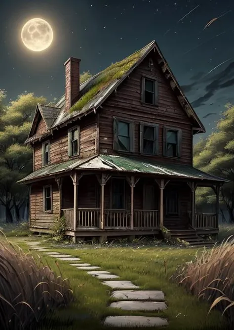 abandoned house, broken planks, moss, broken steps, unkempt yard, tall grass, weeds, terror,night,horror (theme),