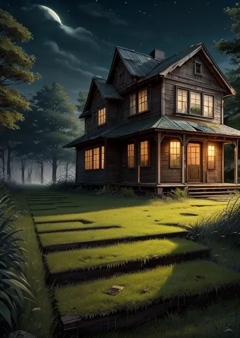 abandoned house, broken planks, moss, broken steps, unkempt yard, tall grass, weeds, terror,night,horror (theme),