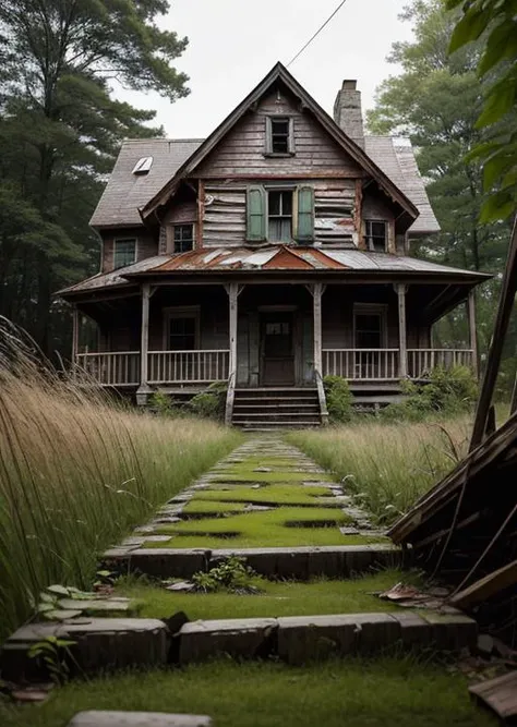 abandoned house, broken planks, moss, broken steps, unkempt yard, tall grass, weeds, terror,night,horror (theme),