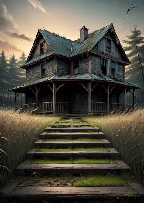 abandoned house, broken planks, moss, broken steps, unkempt yard, tall grass, weeds, terror,night,horror (theme),