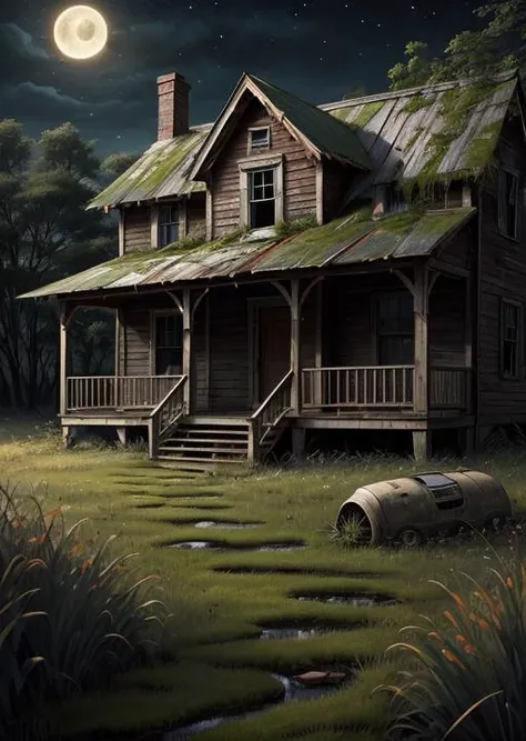 abandoned house, broken planks, moss, broken steps, unkempt yard, tall grass, weeds, terror,night,horror (theme),