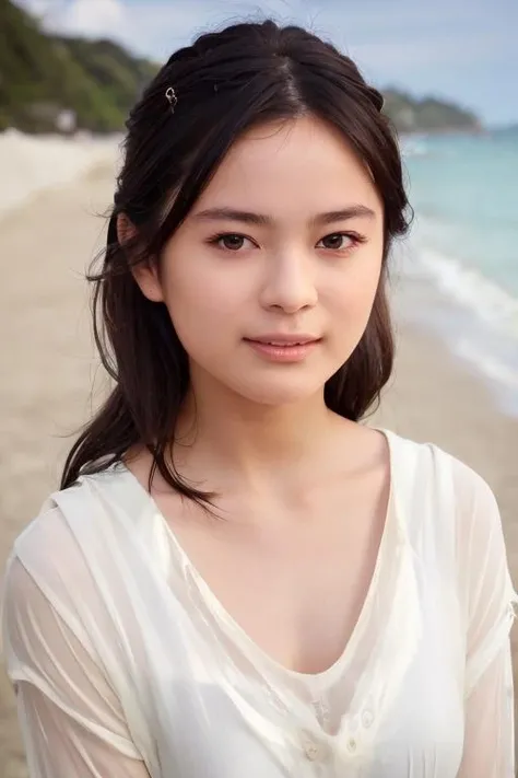 1girl, (wearing a white sheer top:1.6),(RAW photo, best quality), (realistic, photo-realistic:1.4), masterpiece, an extremely delicate and beautiful, extremely detailed, 2k wallpaper, Amazing, finely detail, extremely detailed CG unity 8k wallpaper, ultra-detailed, highres, soft light, beautiful detailed girl, extremely detailed eyes and face, beautiful detailed nose, beautiful detailed eyes,cinematic lighting,(on the beach:1.6),perfect anatomy,(slender body:1.8),smiling,(upper body:1.8),(open eyes:1.4),(look at viewer),(face front:2.0),(front view:2.0),cinematic angle,(wavy long hair), (brown eyes:1.8),(cleavage:0.8),(standing:1.8),  <lora:nagaseanna_lora-01:0.8>