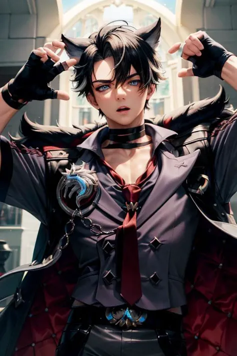 wriothesley, teen, hunk, face, front upper body, muscular, both arms up (absurdres, highres, ultra detailed) ((masterpiece)), ((best quality:1.1)), High Resolution, 8k,1boy, best quality, masterpiece, (photorealistic:1.4), 4k, high quality, masterpiece, best quality, highres, dynamic poses, realistic, mature male, looking at viewer, 1boy,handsome,male focus, animal ears,black hair,short hair,blue eyes,choker,red necktie,short sleeves,black gloves,shirt, coat,belt,grey pants, fur trim,<lora:tangbohu-detailer_1.0:0.2> <lora:Wriothesley:1>