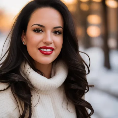 Papparazzi photograph ((face portrait:1.5)) of TiffanyTaylor<lora:TiffanyTaylor:0.95>, ((walking down the streets during snowy weather)), ((thick sweater:1.2)), (beautiful red lips:1.2), ((nice smile:1.1)), beautiful eyes, ((long straight black hair:1.5)), perfect white teeth, glossy eyes, eye makeup, beautiful face, real skin, hyper realistic photograph, detailed face, (film grain:1.2), Kodak portra 800, f1.8, golden hour --ar 2:3 --beta --upbeta, ((head in shot:1.5)), sunlight