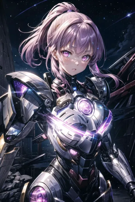 <lora:aaa_Details_CyberAIchemist_add_detail:0.0> <lora:aaa_Details_Lykon_more_details:0.5>
1girl, [small breasts], (pink eyes:1.2), glowing eye, from below, looking at viewer, 
ponytail hair, 
purple hair, hair between eyes, 
lying,
bodysuit, ancient japanese architecture, pond, starry sky, skyline
<lora:Attire_rerorerorero_SuperMecha:0.75>,
mecha musume, mechanical parts, , full armor, super robot joints,
masterpiece, best quality, ultra-detailed, very detailed illustrations,extremely detailed, intricate details, highres, super complex details, extremely detailed 8k cg wallpaper, cowboy shot, caustics, reflection, ray tracing, demontheme, nebula, dark aura, cyber effect