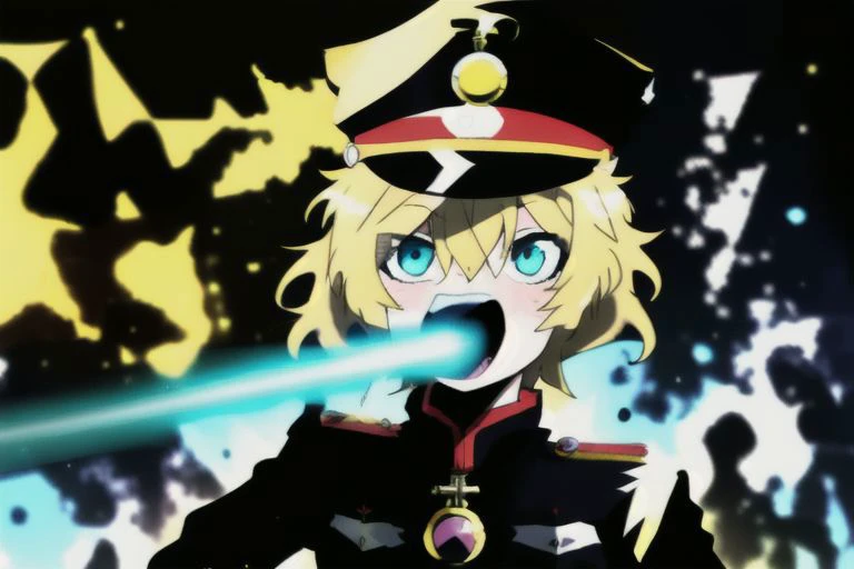 tanya degurehaff firin her lazer,(shoopdawoop),military hat,military uniform,2d,anime style,masterpiece,absurdres,portrait,