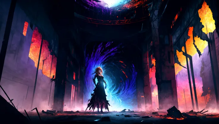 (absurdres, highres), extremely detailed, ultra detailed, Break, sharp lighting, (infrared photography, surreal colors, surreal landscapes), vibrant colors, ethereal, high contrast, otherworldly, caustics, surreal lighting, Break, (1girl), messy hair, Break, (fractal wasteland), luminescent, bio luminescent, extremely detailed eyes, from below, smirk, destroyed buildings, fire, damaged fragmented armored dress