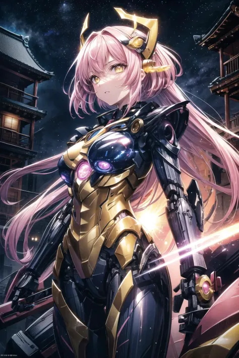 <lora:aaa_Details_CyberAIchemist_add_detail:0.0> <lora:aaa_Details_Lykon_more_details:0.5>
1girl, [small breasts], (yellow eyes:1.2), glowing eye, from side, looking at viewer, 
very long hair, 
pink hair, hair between eyes, 
waving,
bodysuit, ancient japanese architecture, pond, starry sky, skyline
<lora:Attire_rerorerorero_SuperMecha:0.75>,
mecha musume, mechanical parts, headgear, full armor, super robot joints,
masterpiece, best quality, ultra-detailed, very detailed illustrations,extremely detailed, intricate details, highres, super complex details, extremely detailed 8k cg wallpaper, cowboy shot, caustics, reflection, ray tracing, demontheme, nebula, dark aura, cyber effect