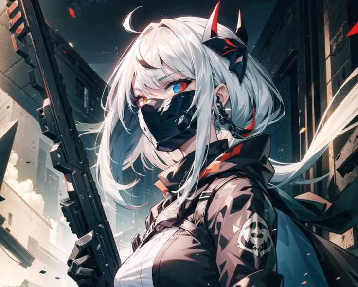 1girl,death,reaper,weapon, (black mask), <lora:A-RandomSuper[mecha musume,mechanical parts,super robot joints,headgear,full armor]:1>, long hair, (heterochromia)
