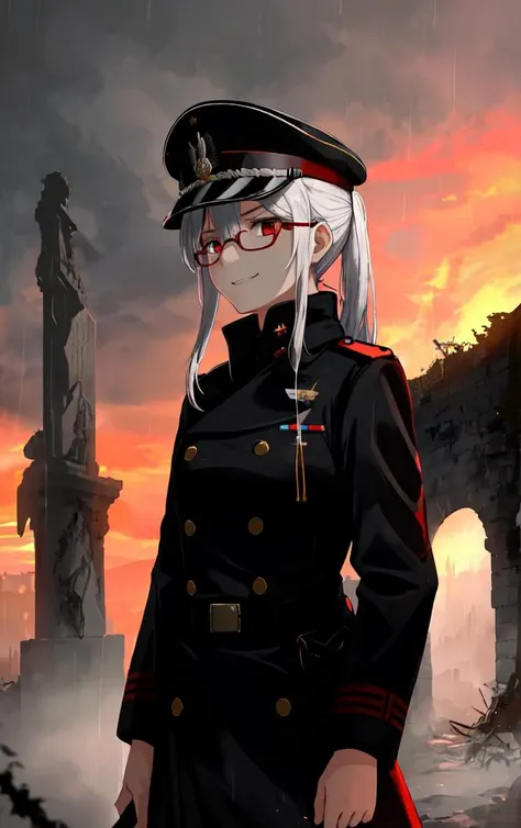 (masterpiece, best quality, high quality, highres, ultra-detailed),((first world war)), SFW, 1girl, german officer form,officer suit, black cap, black trench coat, black Wellingtons, white hair, red glowing eyes, ((authoritarian pose)), ((yandere face)), ((maniac face)),((madman smile)), round glasses,(looking away),standing still, (sword in hand), (side view), (close up), high contrast, in thench, (trench background), ruins, detailed background, rain,sunset, fog, fires on the background