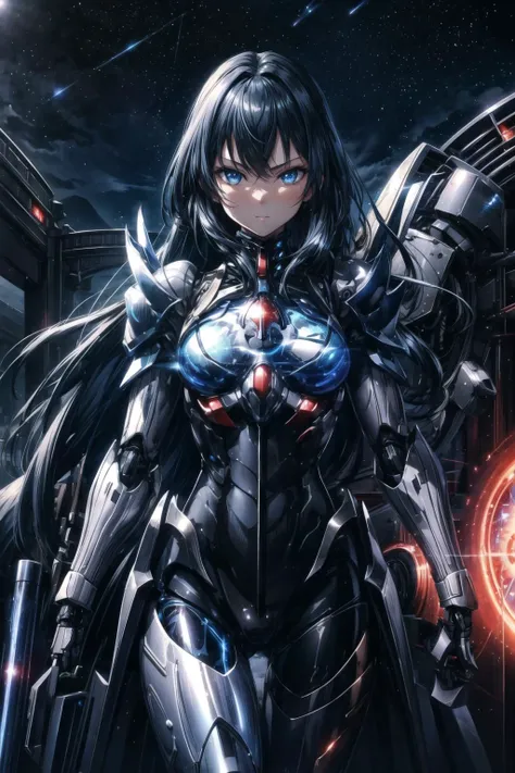 <lora:aaa_Details_CyberAIchemist_add_detail:0.0> <lora:aaa_Details_Lykon_more_details:0.5>
1girl, [small breasts], (blue eyes:1.2), glowing eye, from below, looking at viewer, 
very long hair, 
black hair, hair between eyes, 
standing,
bodysuit, ancient japanese architecture, pond, starry sky, skyline
<lora:Attire_rerorerorero_SuperMecha:0.75>,
mecha musume, mechanical parts, , full armor, super robot joints,
masterpiece, best quality, ultra-detailed, very detailed illustrations,extremely detailed, intricate details, highres, super complex details, extremely detailed 8k cg wallpaper, cowboy shot, caustics, reflection, ray tracing, demontheme, nebula, dark aura, cyber effect