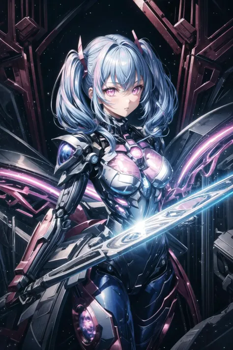 <lora:aaa_Details_CyberAIchemist_add_detail:0.0> <lora:aaa_Details_Lykon_more_details:0.5>
1girl, [small breasts], (pink eyes:1.2), glowing eye, from above, looking at viewer, 
pigtails hair, 
blue hair, hair between eyes, 
standing,
intricate mechanical bodysuit, ancient japanese architecture, pond, starry sky, skyline
<lora:Attire_rerorerorero_SuperMecha:0.75>,
mecha musume, mechanical parts, , full armor, super robot joints,
masterpiece, best quality, ultra-detailed, very detailed illustrations,extremely detailed, intricate details, highres, super complex details, extremely detailed 8k cg wallpaper, cowboy shot, caustics, reflection, ray tracing, demontheme, nebula, dark aura, cyber effect