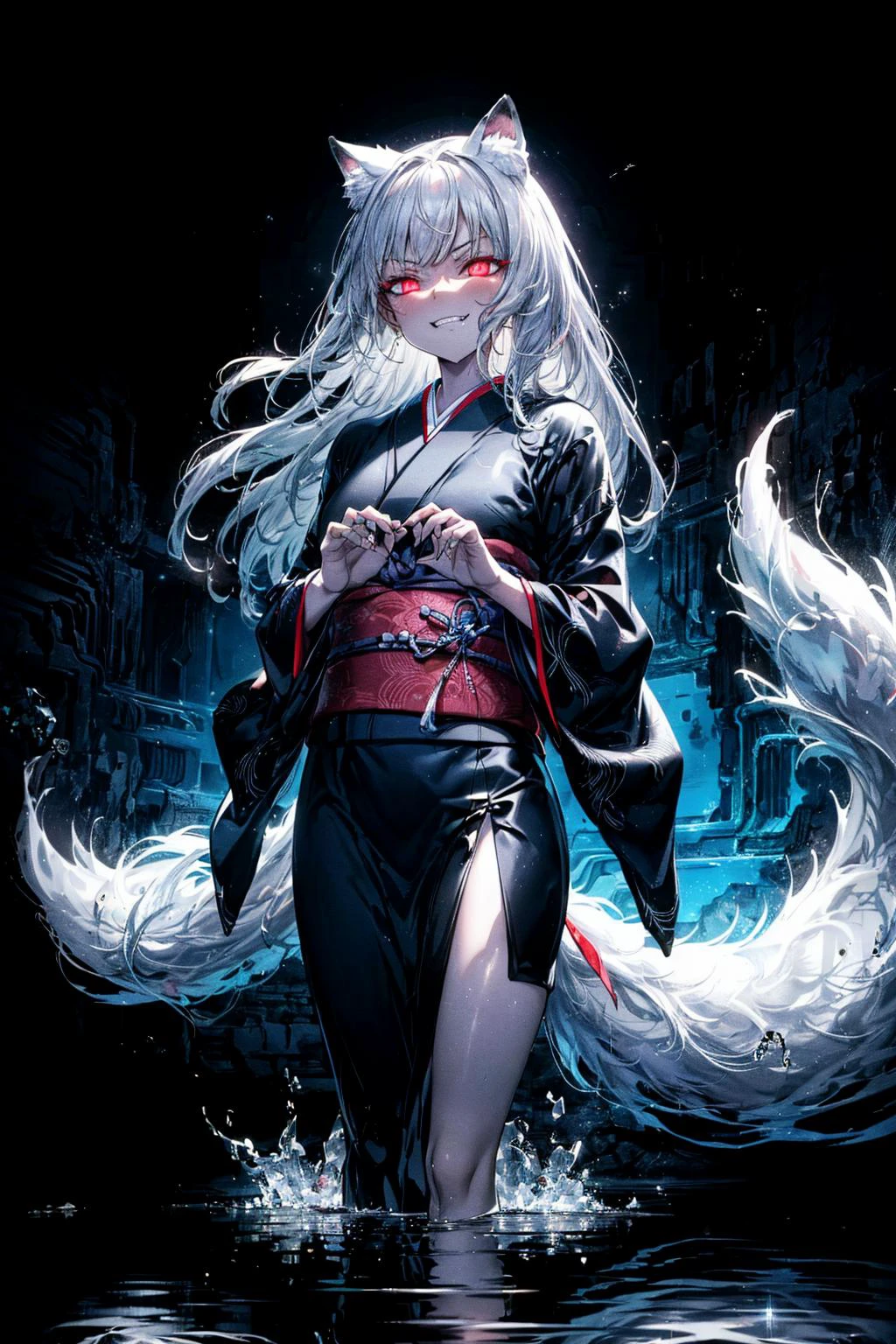 (abstract art:1.3),(psychedelic,futuristic:1.2),masterpiece, highly detailed 8k cg, best cinematic quality, volumetric lighting and shadows,perfect reflection,
(white theme:1.2), (fox theme:1.2),
(white long hair, 1 perfect girl with sexy body,perfect white fox ears,red glowing eyes, glowing body,kimono,1 perfect white fox tail,IncrsTailsFixer,smirk,canine tooth,perfect detail face,perfect detail hands,perfect detail fingers :1.43),
(only use 3 colors,white,black,garnet),
ultra high res, <lora:TailsFixer:0.6> IncrsTailsFixer,<lora:acid_fluid_lora:0.4> <lora:DarkIncursioStyle:0.4>, night, (dark environment) <lora:Gloomifier_V2_TheGlow:0.3> <lora:add_detail:1> <lora:Perfect fingers Lora:0.4>