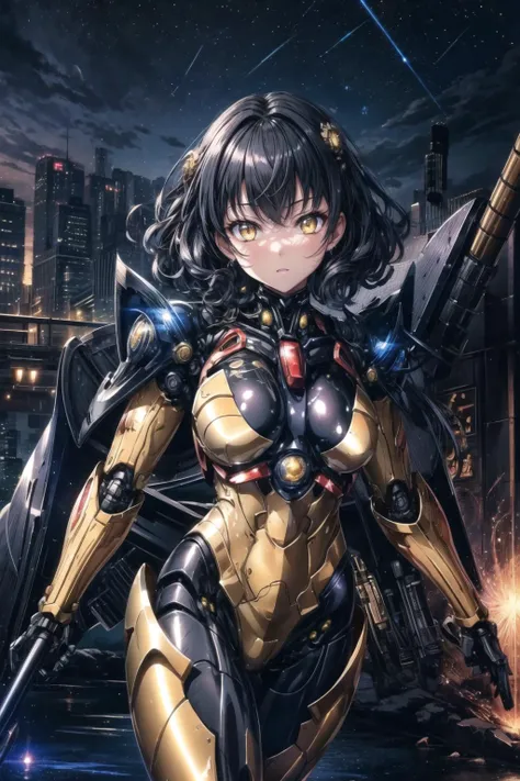<lora:aaa_Details_CyberAIchemist_add_detail:0.0> <lora:aaa_Details_Lykon_more_details:0.5>
1girl, [small breasts], (yellow eyes:1.2), glowing eye, from below, looking at viewer, 
curly hair, 
black hair, hair between eyes, 
walking,
bodysuit, ancient japanese architecture, pond, starry sky, skyline
<lora:Attire_rerorerorero_SuperMecha:0.75>,
mecha musume, mechanical parts, , full armor, super robot joints,
masterpiece, best quality, ultra-detailed, very detailed illustrations,extremely detailed, intricate details, highres, super complex details, extremely detailed 8k cg wallpaper, cowboy shot, caustics, reflection, ray tracing, demontheme, nebula, dark aura, cyber effect