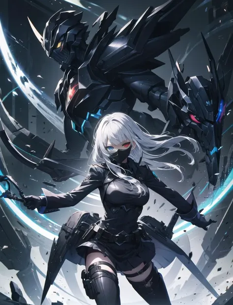 1girl,death,reaper,weapon, <lora:A-RandomSuper[mecha musume,mechanical parts,super robot joints,headgear,full armor]:1>, (black mask), long hair, (heterochromia)