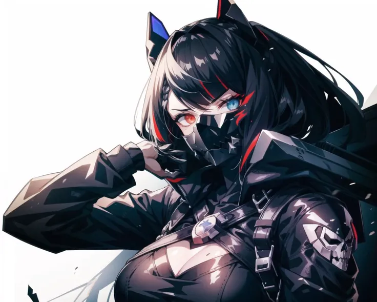 1girl,death,reaper,weapon, (black mask), <lora:A-RandomSuper[mecha musume,mechanical parts,super robot joints,headgear,full armor]:1>, long hair, (heterochromia)