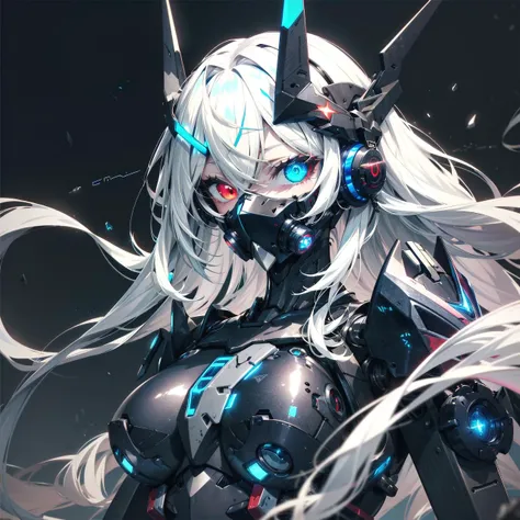 1girl, <lora:AMechaSSS[color_theme,mecha musume, mechanical parts,robot joints,headgear]:1>, long hair, (heterochromia), mecha musume,mechanical parts, robot joints,single mechanical arm, headgear,ntricate mechanical bodysuit, mecha corset, full armor, very long hair,white hair, hair between eyes,glowing eyes, red eye,((blue eye)), looking at viewer, ((dark atmosphere,last boss)), glowing eyes,LEDs,fluorescent,light effects,caustics,reflection,headphones,portrait,  white skin, pale skin,science fiction,(black mask),gas mask,large breasts, beautiful anime eyes, eyes, beautiful detailed eyes, bat hair ornament, black armor, smile,breastplate,