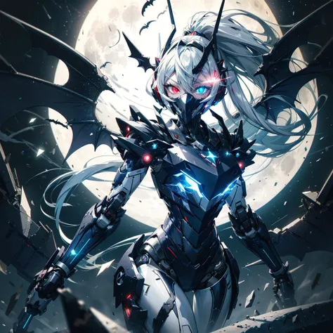 1girl, <lora:AMechaSSS[color_theme,mecha musume, mechanical parts,robot joints,headgear]:1>,(black mask), long hair, (heterochromia),gas mask, mecha musume,mechanical parts, robot joints,single mechanical arm, headgear,ntricate mechanical bodysuit, mecha corset, full armor, very long hair,white hair, hair between eyes,glowing eyes, red eye,((blue eye)), looking at viewer,ponytail, ((dark atmosphere,last boss)),wings, bat wings, wide hips, glowing eyes, moon,full moon,LEDs,fluorescent,light effects,caustics,reflection,smile, demon horns,headphones,
