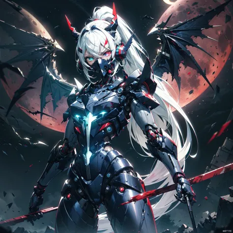 1girl, <lora:AMechaSSS[color_theme,mecha musume, mechanical parts,robot joints,headgear]:1>,(black mask), long hair, (heterochromia),gas mask, mecha musume,mechanical parts, robot joints,single mechanical arm, headgear,ntricate mechanical bodysuit, mecha corset, full armor, very long hair,white hair, hair between eyes,glowing eyes, red eye,((blue eye)), looking at viewer,ponytail, ((dark atmosphere,last boss)),wings, bat wings, wide hips, glowing eyes, moon,blood,red moon, blood moon,LEDs,fluorescent,light effects,caustics,reflection,angry eyes, demon horns,headphones,