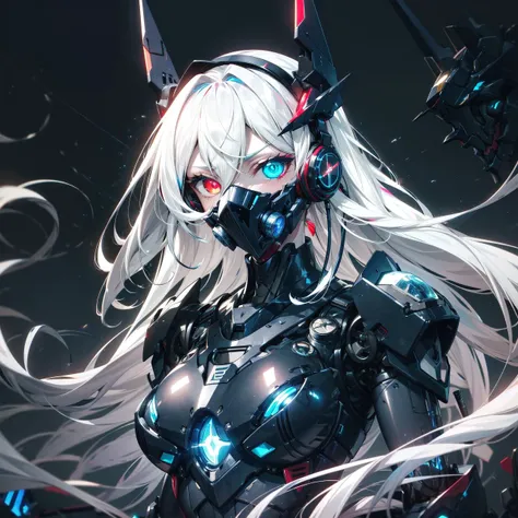 1girl, <lora:AMechaSSS[color_theme,mecha musume, mechanical parts,robot joints,headgear]:1>, long hair, (heterochromia), mecha musume,mechanical parts, robot joints,single mechanical arm, headgear,ntricate mechanical bodysuit, mecha corset, full armor, very long hair,white hair, hair between eyes,glowing eyes, red eye,((blue eye)), looking at viewer, ((dark atmosphere,last boss)), glowing eyes,LEDs,fluorescent,light effects,caustics,reflection,(high heels),headphones,portrait,  white skin, pale skin,science fiction,(black mask),gas mask,