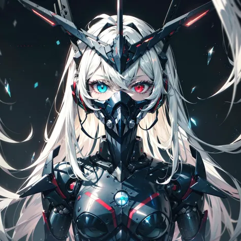 1girl, <lora:AMechaSSS[color_theme,mecha musume, mechanical parts,robot joints,headgear]:1>, long hair, (heterochromia), mecha musume,mechanical parts, robot joints,single mechanical arm, headgear,ntricate mechanical bodysuit, mecha corset, full armor, very long hair,white hair, hair between eyes,glowing eyes, red eye,((blue eye)), looking at viewer, ((dark atmosphere,last boss)), glowing eyes,LEDs,fluorescent,light effects,caustics,reflection,(high heels),headphones,portrait,  white skin, pale skin,science fiction,(black mask),gas mask,cool messy hairstyle,