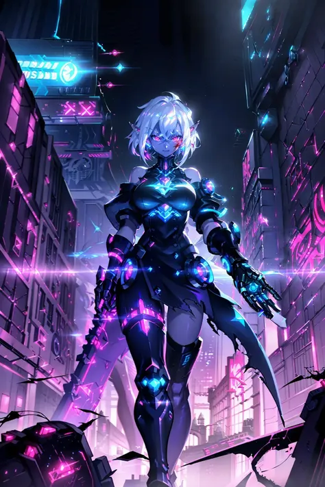 ((best quality)),white hair,red eyes,cute,1girl,solo,(night),((pointy ear)),mechanical parts,blue neon,((cyberpunk:1,3)),(blood),cracked screen,male focus,smile,(weapon:1.3),(hold your hands in front of you:1.4),(edw4rds:1.4),al3xross,walking,(town:1.5),skyscraper<lora:Edw4rds:0.9> <lora:Al3xross:0.8>