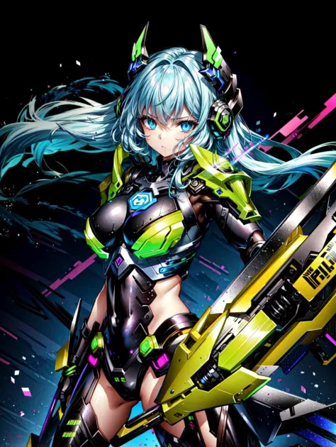 1girl, best quality, masterpiece, ultra high res,absolutely resolution,illustration, disdain, <lora:Attacking Concept-18:0.4>, detailed solo character holding neon wepon, detailed face, attack action, using wepon, intricate design, sharp focus, ｍechanical neon armour, neon helmet, <lora:flat2:-1>, <lora:Light and Shadow:0.4>,