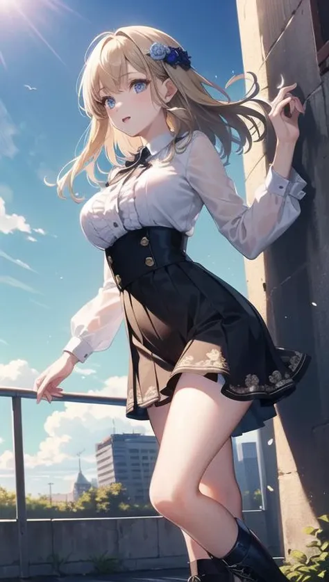 (masterpiece, photorealistic,best quality,beautiful detailed eyes,ultra-detailed,cowboy shot),solo,1girl,Light sheer blouse with ruffles,Pleated skirt with vibrant floral print,Open toe high heel ankle boots,outdoor, blue sky, sky,idol pose,