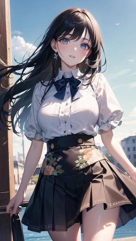 (masterpiece, photorealistic,best quality,beautiful detailed eyes,ultra-detailed,cowboy shot),solo,1girl,Light sheer blouse with ruffles,Pleated skirt with vibrant floral print,Open toe high heel ankle boots,outdoor, blue sky, sky,