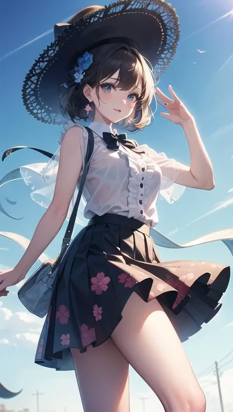 (masterpiece, photorealistic,best quality,beautiful detailed eyes,ultra-detailed,cowboy shot),solo,1girl,Light sheer blouse with ruffles,Pleated skirt with vibrant floral print,Open toe high heel ankle boots,outdoor, blue sky, sky,idol pose,