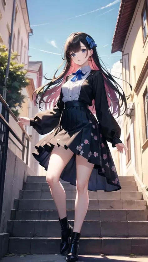(masterpiece, photorealistic,best quality,beautiful detailed eyes,ultra-detailed,cowboy shot),solo,1girl,Light sheer blouse with ruffles,Pleated skirt with vibrant floral print,Open toe high heel ankle boots,outdoor, blue sky, sky,idol pose,