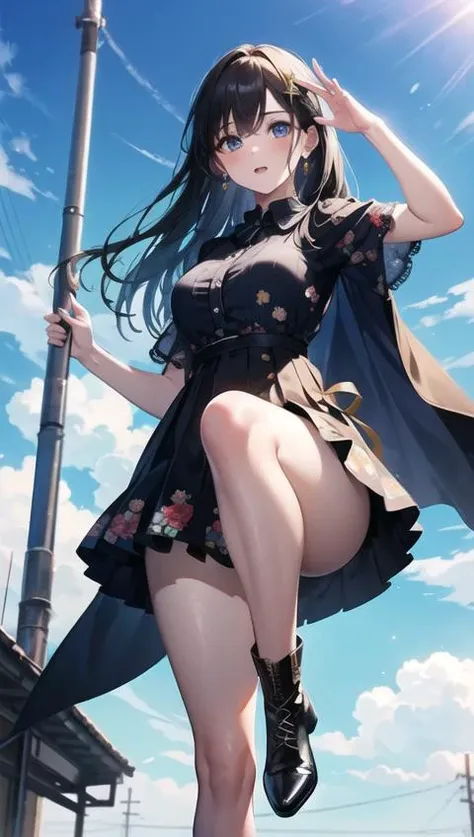 (masterpiece, photorealistic,best quality,beautiful detailed eyes,ultra-detailed,cowboy shot),solo,1girl,Light sheer blouse with ruffles,Pleated skirt with vibrant floral print,Open toe high heel ankle boots,outdoor, blue sky, sky,idol pose,