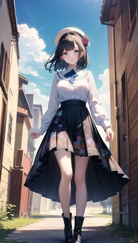 (masterpiece, photorealistic,best quality,beautiful detailed eyes,ultra-detailed,cowboy shot),solo,1girl,Light sheer blouse with ruffles,Pleated skirt with vibrant floral print,Open toe high heel ankle boots,outdoor, blue sky, sky,idol pose,